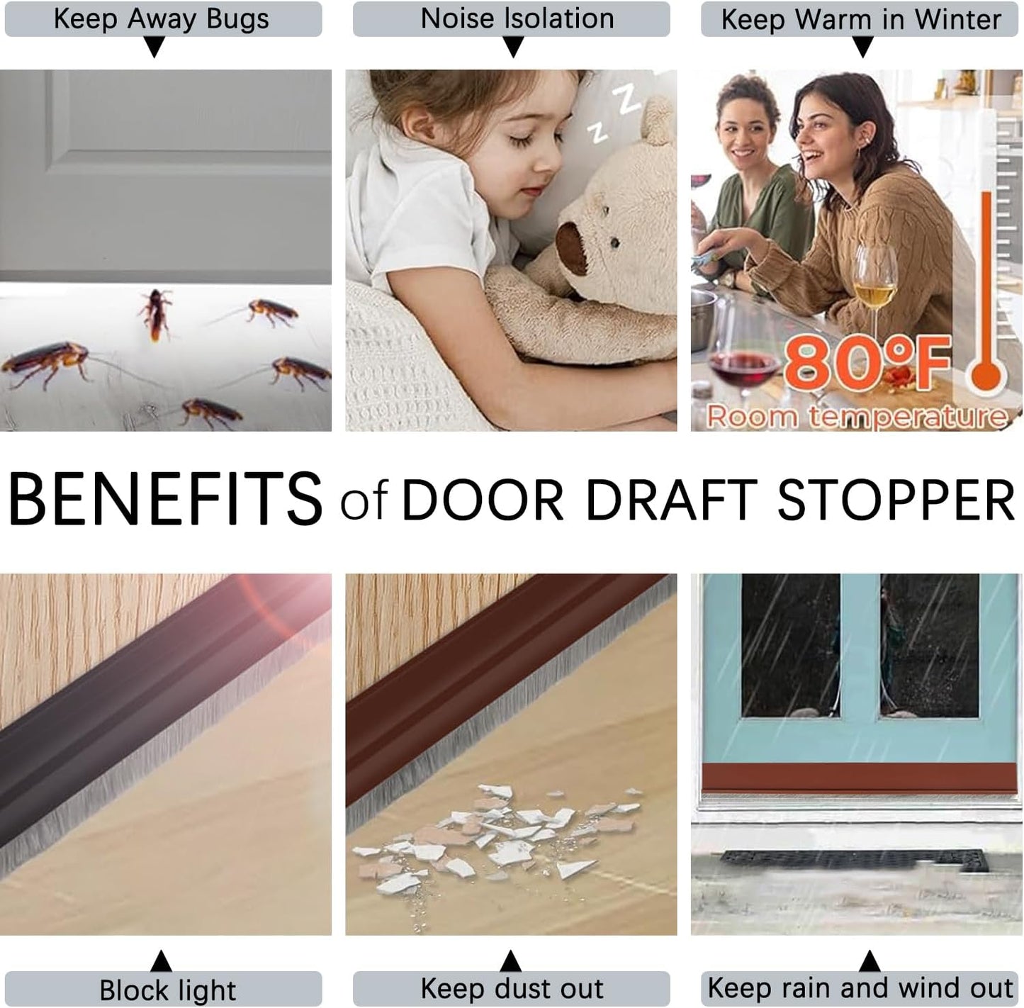 2 Pack Door Sweep Brush, Under Door Draft Stoppers with Brush, Draft Stopper for Bottom Reduce Noise, Weather Stripping for Doors Exterior with Self Adhesive, 2" W x 39" L, White