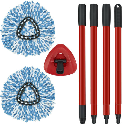 Mop Replace Heads Mop Handle and Base Replacement for O Cedar EasyWring 1-Tank Spin Mop System, 2 Microfiber Mops Refills, 4-Section Iron Mop Handle 30-58Inch and 1 Mopping Heads Cover Set (No Bucket)