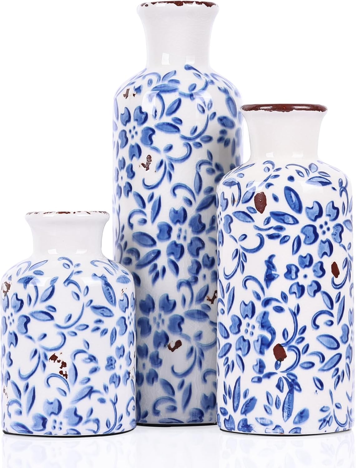 Ceramic Vase Set of 3 – Small Flower Vases, Modern Farmhouse Boho Flower Vases for Home Decor, Rustic Pottery Vases for Centerpieces, Living Room, Shelf, Fireplace, Entryway Decor, Table or Cabinet