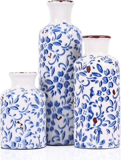 Ceramic Vase Set of 3 – Small Flower Vases, Modern Farmhouse Boho Flower Vases for Home Decor, Rustic Pottery Vases for Centerpieces, Living Room, Shelf, Fireplace, Entryway Decor, Table or Cabinet