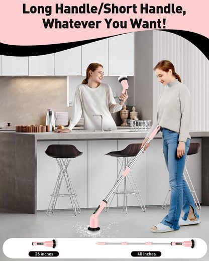 Shower Scrubber with Long Handle, Shower Cleaner Brush with 8 Floor Machine Pads, Cordless Electric Spin Scrubber for Cleaning with 2 Speed, Cleaning Supplies for Bathroom Bathtub Kitchen Floor Tile
