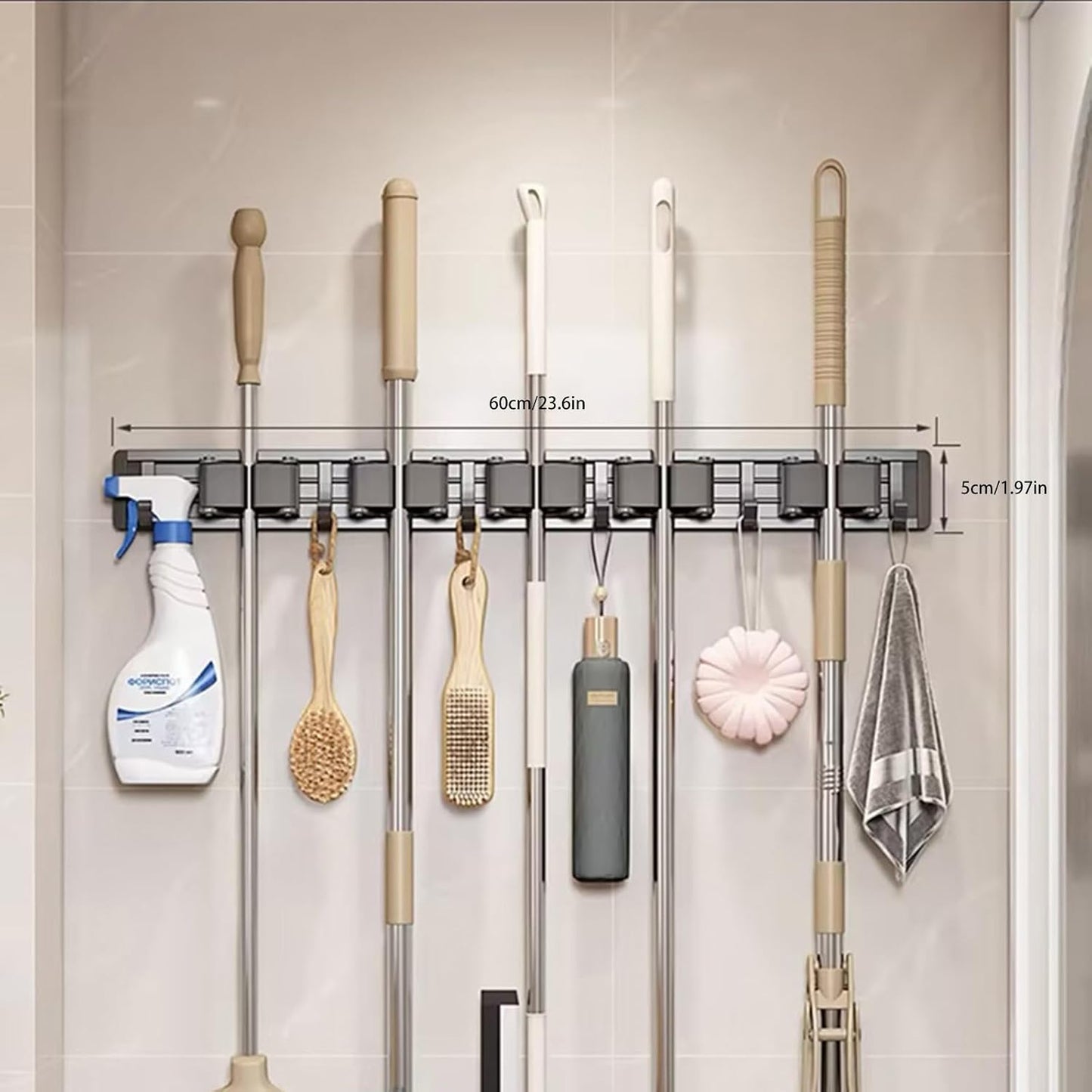 Broom Holder Wall Mount Movable Hooks and Clips Mop and Broom Hanger Wall Mounted Aluminum Garage Tool Organizer Storage Adhesive (Silver: 5 clips with 6 hooks)
