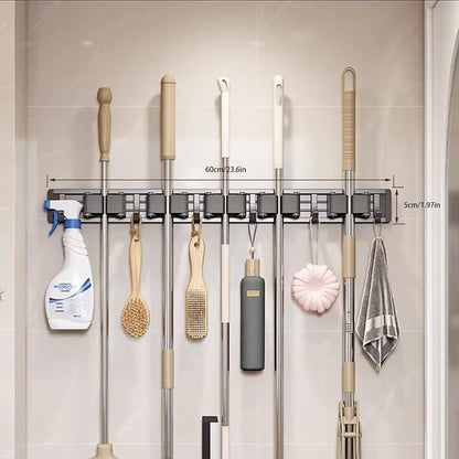Broom Holder Wall Mount Movable Hooks and Clips Mop and Broom Hanger Wall Mounted Aluminum Garage Tool Organizer Storage Adhesive (Silver: 5 clips with 6 hooks)