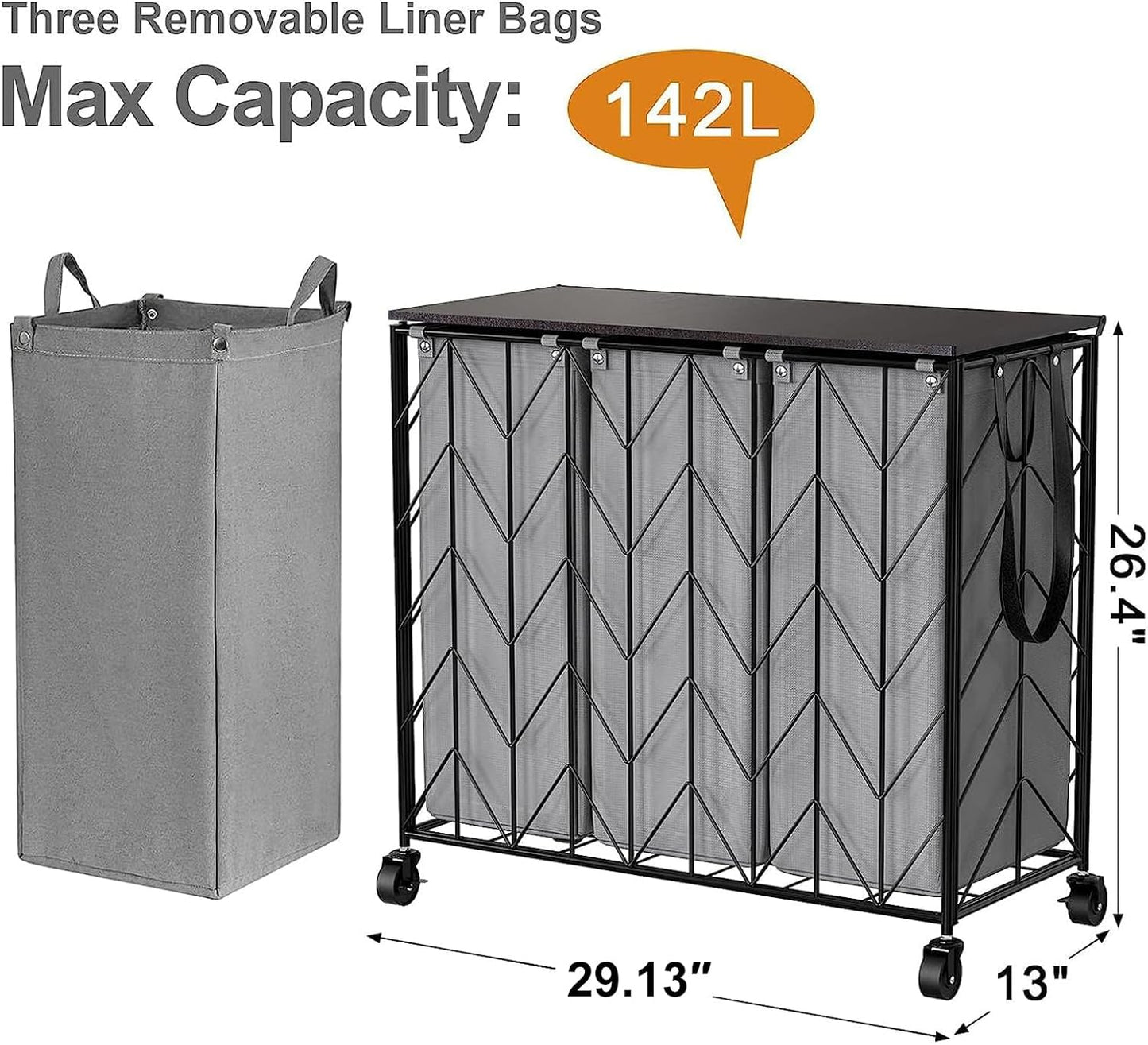 WOWLIVE Laundry Basket with Wheels, 142L Laundry Hamper 3 Section with Lid, Dirty Clothes Hamper with Removable Bags, Large Capacity Iron-Made Laundry Basket Organizer Laundry Sorter for Dorm, White