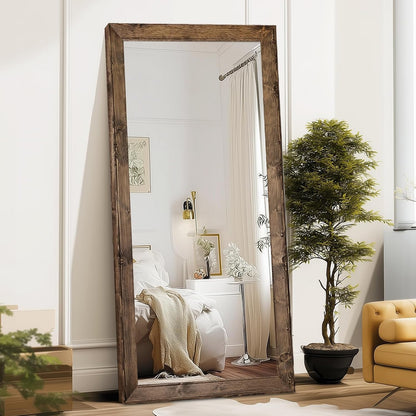 Solid Wood Full Length Mirror - 65"x22" Arched Floor Mirror, Free Standing & Wall Mounted - Elegant Design for Bedroom, Dressing Room, Hallway, Brown