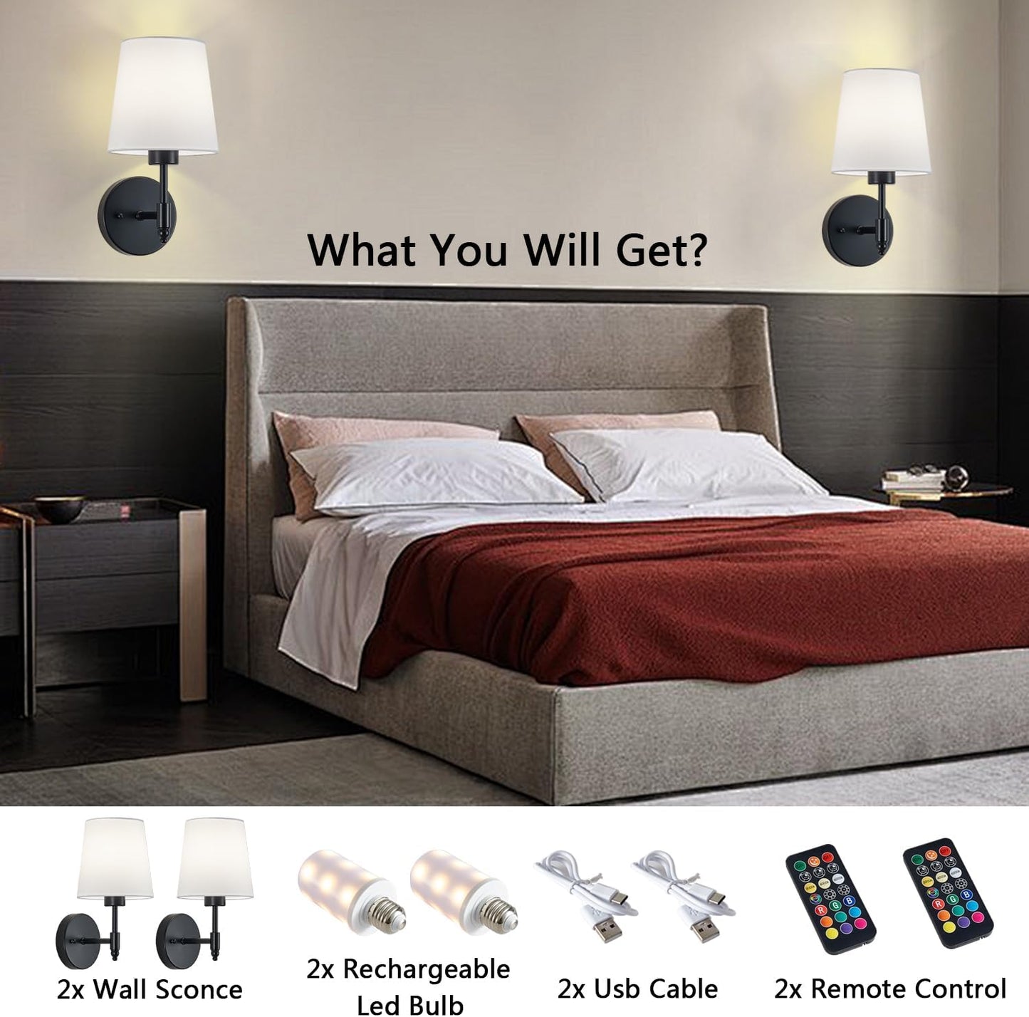 Battery Operated Wall Sconce Set of 2, Brushed Gold Rechargeable Wall Lights with Remote Control and Dimmable LED Bulbs, 13 Light Colors Wireless Wall Lamps for Bedroom Living Room Hallway (Gold)