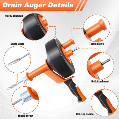 Drain Auger 33ft Drain Clog Remover with Drill Adapter, Flexible Plumbing Snake for Kitchen, Bathroom & Shower Sinks, Hair Clog Remover, Manual or Drill Powered, Full Set Included