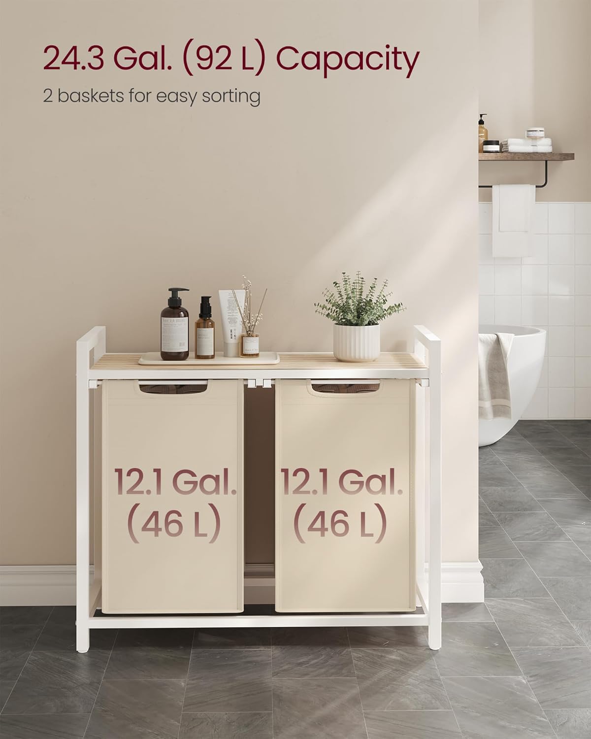 VASAGLE Laundry Hamper, Laundry Basket Sorter with 3 Pull-Out and Removable Bags, Shelf, Metal Frame, 3 x 10.6 Gallons (40 L), 36.4 x 13 x 28.4 Inches, Cappuccino Beige and Natural Beige UBLH301LH01