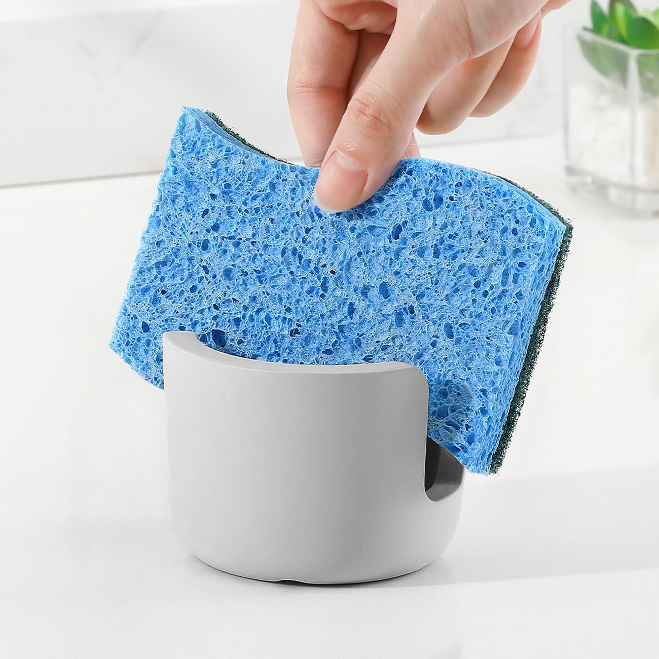 Luxspire Kitchen Sponge Holder, Dish Sponge Holder with with Drain Tray, Marble Sponge Holder for Kitchen Sink, Kitchen Sink Caddy 2 Compartments, Gravel White
