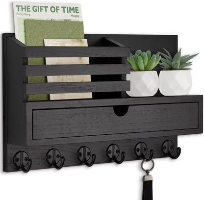 Key Holder Wall Mount, Mail Holder with Storage Drawer and 5 Key Hooks for Coat, Dog Leash, Home Decor Rack, House Accessories, Entry Way Organizer