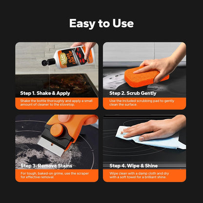 3-in-1 Cooktop Cleaner Kit (8.8 Oz Cooktop Cleaner + Scrubbing Pad + Scraper), Stovetop Cleaner for Electric Top Stoves, Ceramic Cooktops & Fireplace Glass, Remove Burned on Food, Grease