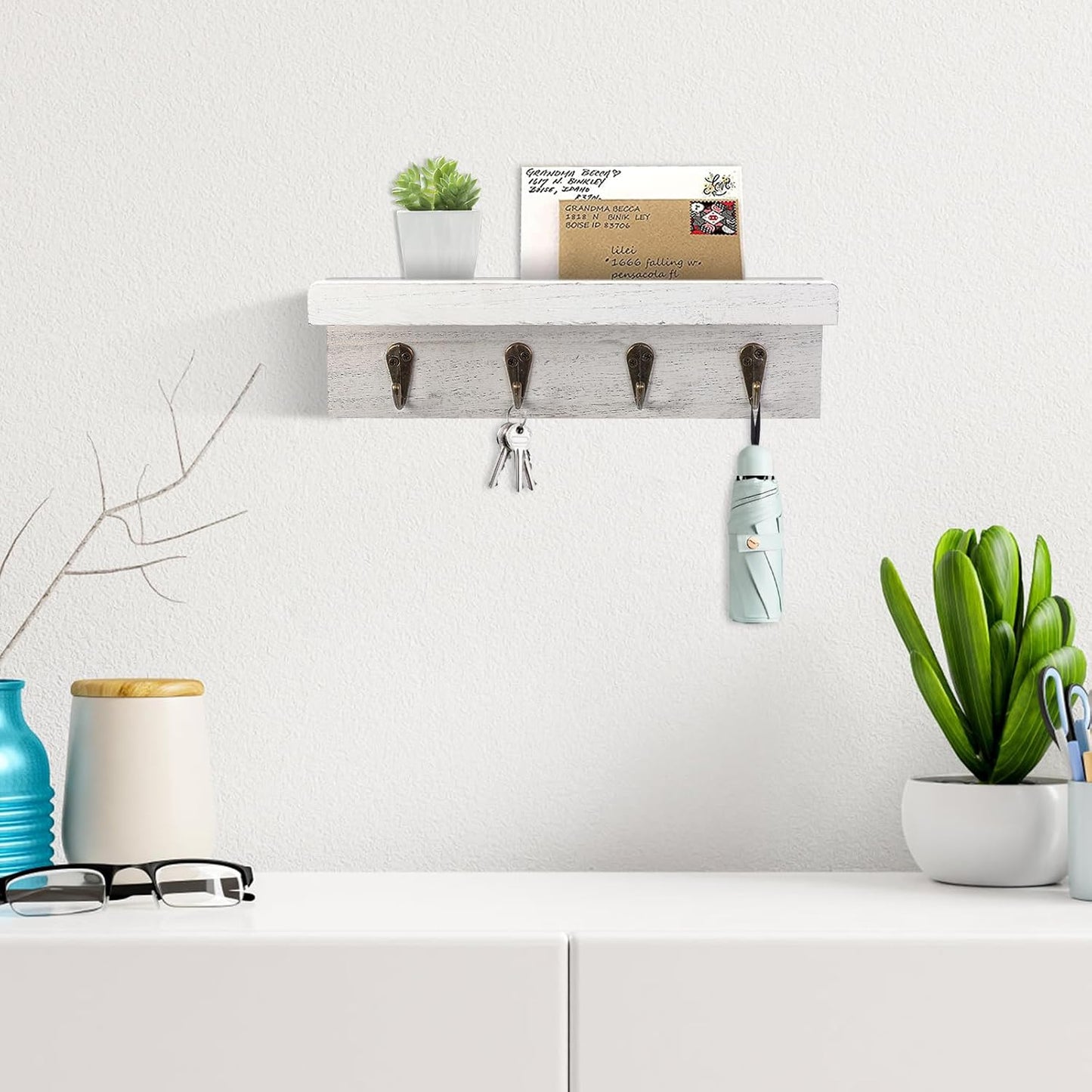 HRONRAD Rustic Key Holder for Wall, Farmhouse Wall Shelf with 4 Hooks, Wall Mounted Key Racks, Wooden Mail Organizer with Hooks for Entryway (Brown)
