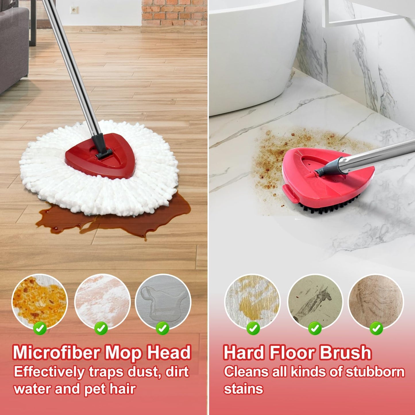 Mop Replace Heads Mop Handle and Base Replacement for O Cedar EasyWring 1-Tank Spin Mop System, 2 Microfiber Mops Refills, 4-Section Iron Mop Handle 30-58Inch and 1 Mopping Heads Cover Set (No Bucket)