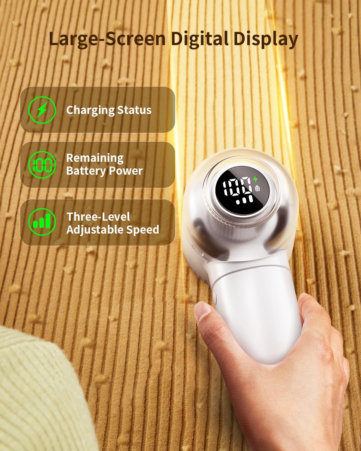 Fabric Shaver, 𝟮 𝗶𝗻 𝟭 Rechargeable Lint Remover with Brush, Large Sweater Shaver with Digital Display, 3 Speeds Lint Shaver, 6-Leaf Blades Lint Remover for Clothes, Sofa, Bedding, White