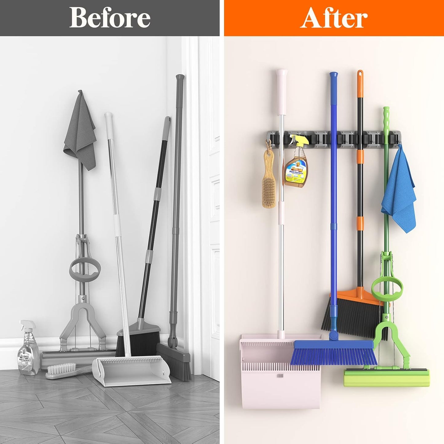 Lifewit Mop and Broom Holder Wall Mount, Anti-Slip Broom Hanger for Cleaning Supplies Organizer, Easy Install Tool Hanging Rack for Closet, Kitchen, Garage, 5 Slot 6 Hooks, Hold 30lbs, Black, 1 Pack