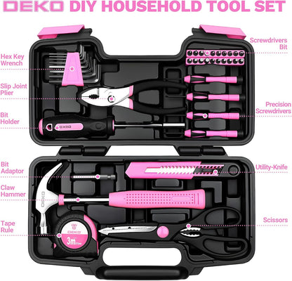 DEKOPRO 39-Piece Pink Household Tool Kit for Women, Basic Hand Tool Set with Plastic Toolbox Storage Case, Small Starter Tool Box Set for Home Repairs, DIY Projects, Crafts and Dorm Essentials