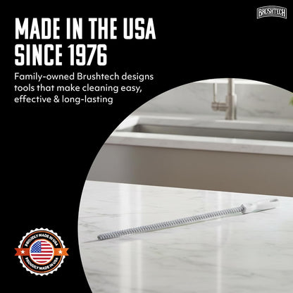 Brushtech Sink Drain & Overflow Cleaning Brush - Thin & Flexible Drain Cleaning Gadget for Clogs, Hair, & Debris - Long Pipe Cleaning Brush for Kitchen & Bathroom Sink Maintenance - Made in USA