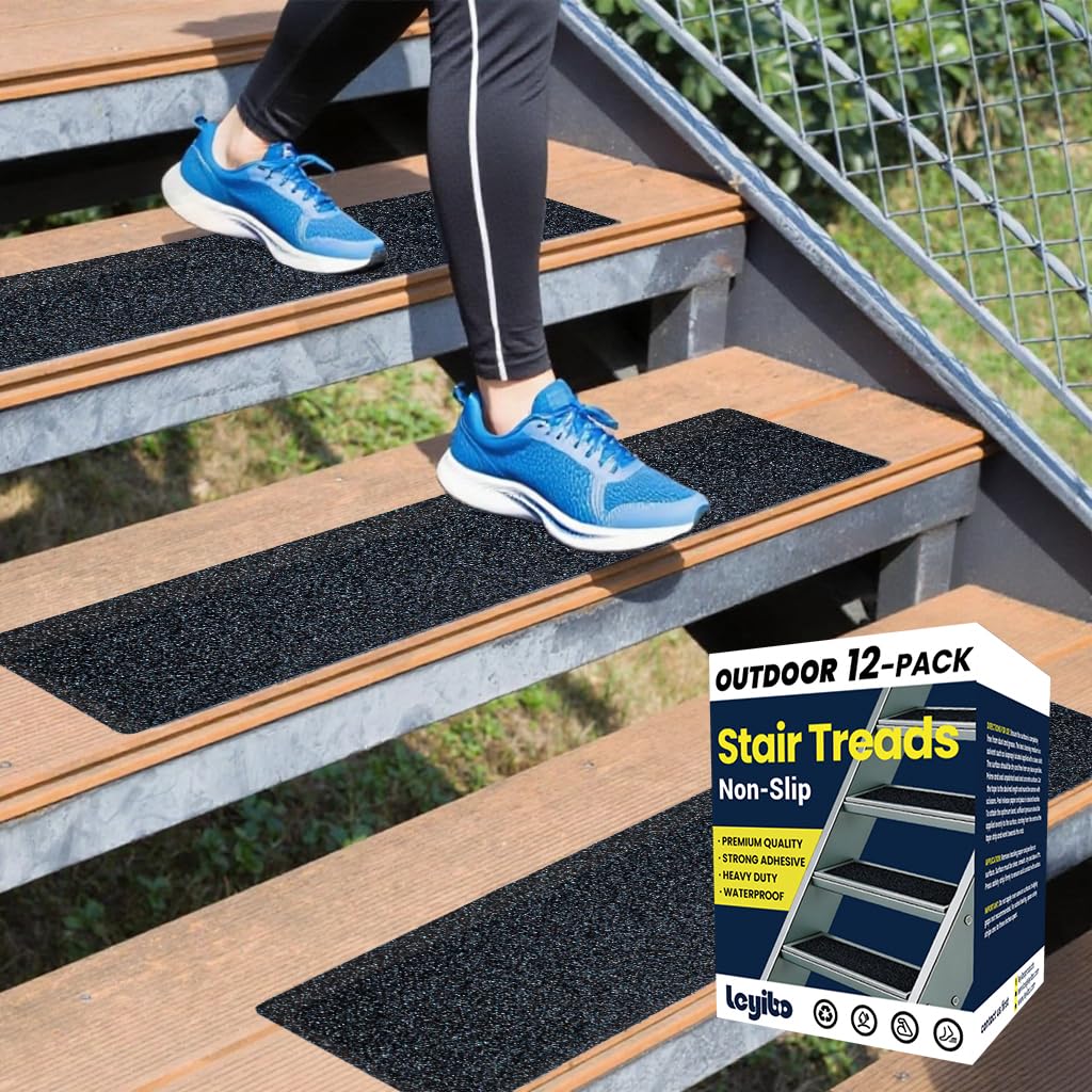 6" x 30" Anti Slip Traction Treads Tape (12-Pack), Pre-Cut Grip Tape for Stair Steps Outdoor, Waterproof Black Non Slip Stair Treads for Floor Safety, Easy to Install