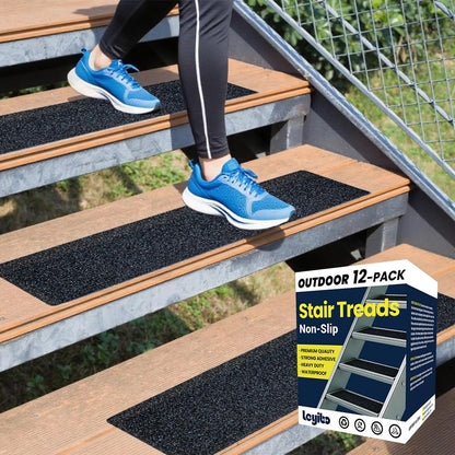 6" x 30" Anti Slip Traction Treads Tape (12-Pack), Pre-Cut Grip Tape for Stair Steps Outdoor, Waterproof Black Non Slip Stair Treads for Floor Safety, Easy to Install