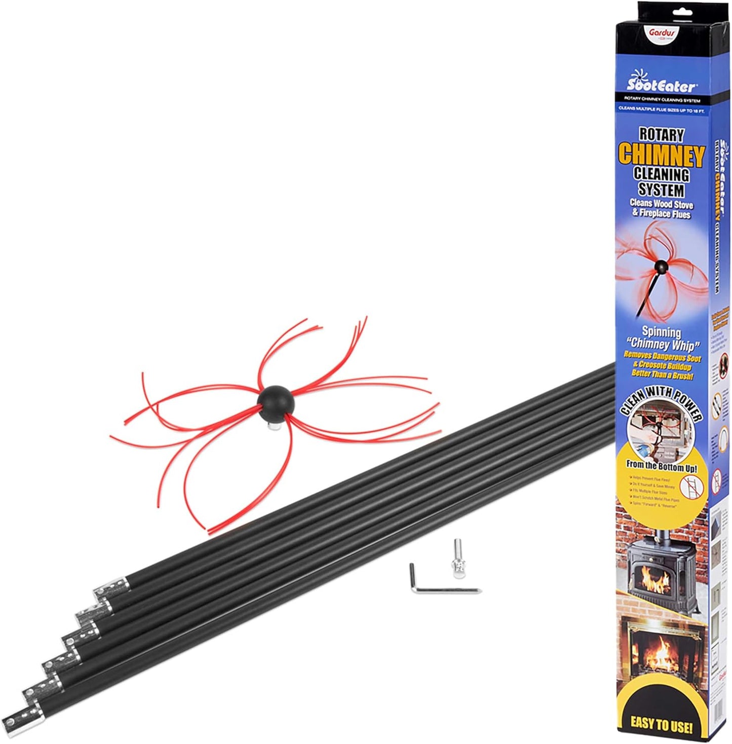 Gardus SootEater Pellet Stove Cleaning Kit - Complete Rotary Pellet Stove Vent Kit with Flexible rods, Propeller Pipe Brushes, & Flue Fire Prevention.