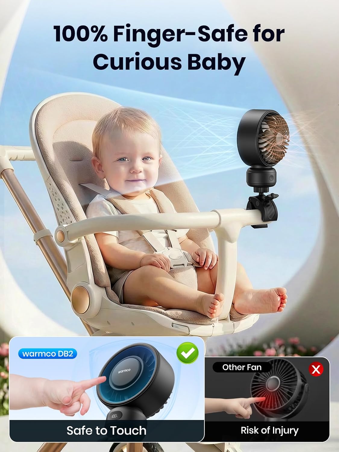 Warmco Portable Stroller Fan, 4000mAh Rechargeable Clip On Fan for Baby | Secure Clamp, Up to 15H Runtime, Protective Grille, Quiet, 360° Rotatable, Removable Cover, LED Display
