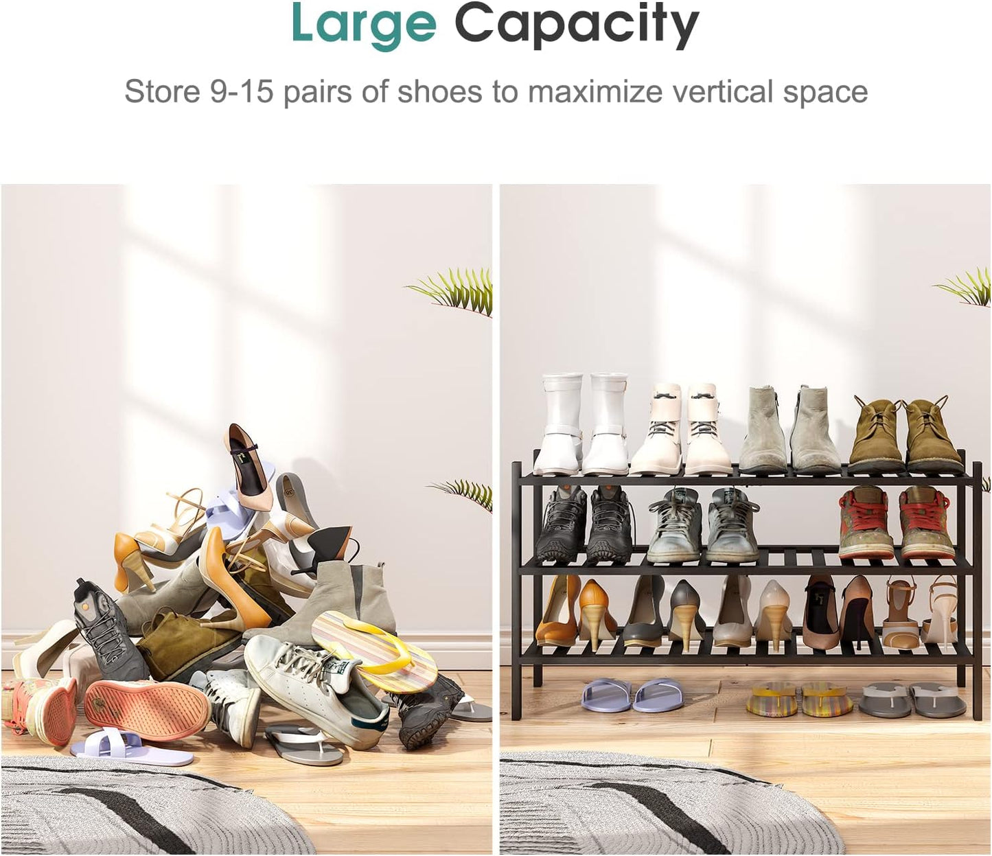viewcare 3-Tier Black Bamboo Shoe Rack for Entryway, Stackable | Foldable | Natural, Shoe Shelf Storage Organizer for Hallway Closet, Free Standing Shoe Racks for Indoor Outdoor