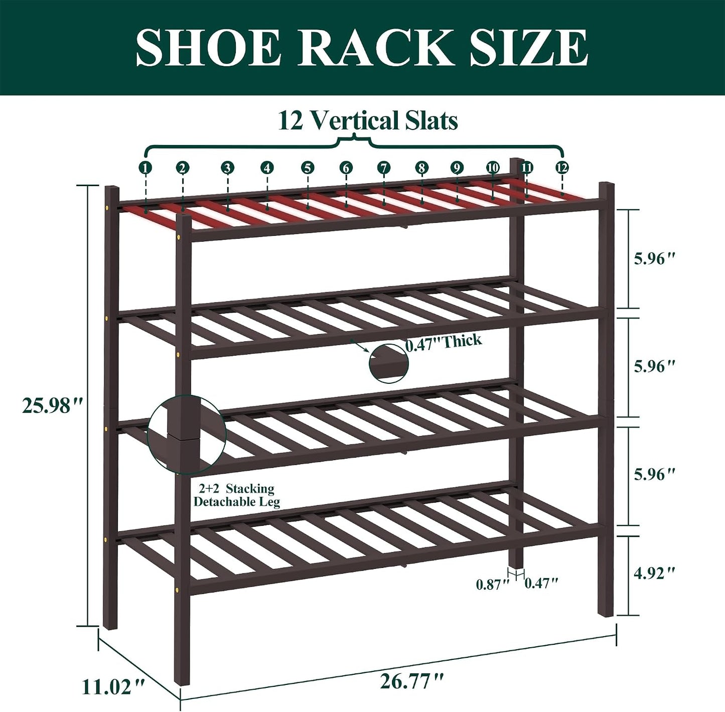 Smiry Bamboo Shoe Rack, 3 Tier Free Standing Wooden Shoe Organizer, Stackable Wood Shoe Storage Shelf for Closet, Entryway, 12 Vertical Slats, 2+1 Stack Standard Legs, 26.8"x11"x19.5", Natural