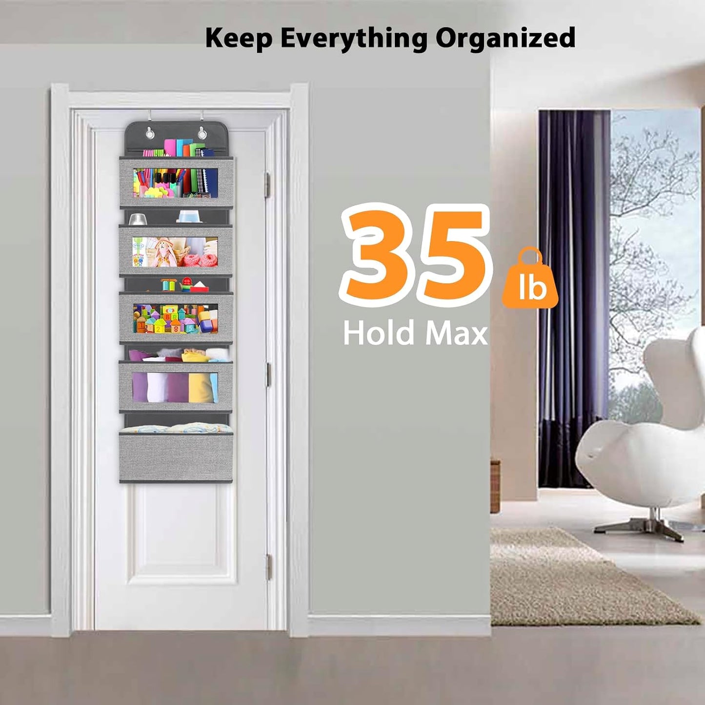 Over The Door Hanging Organizer Storage with 5 Large Pockets,Wall Mount Clear Windows and 2 Widened Metal Hooks for Pantry,Nursery,Diapers,Bathroom,Kitchen,Closet,Dorm