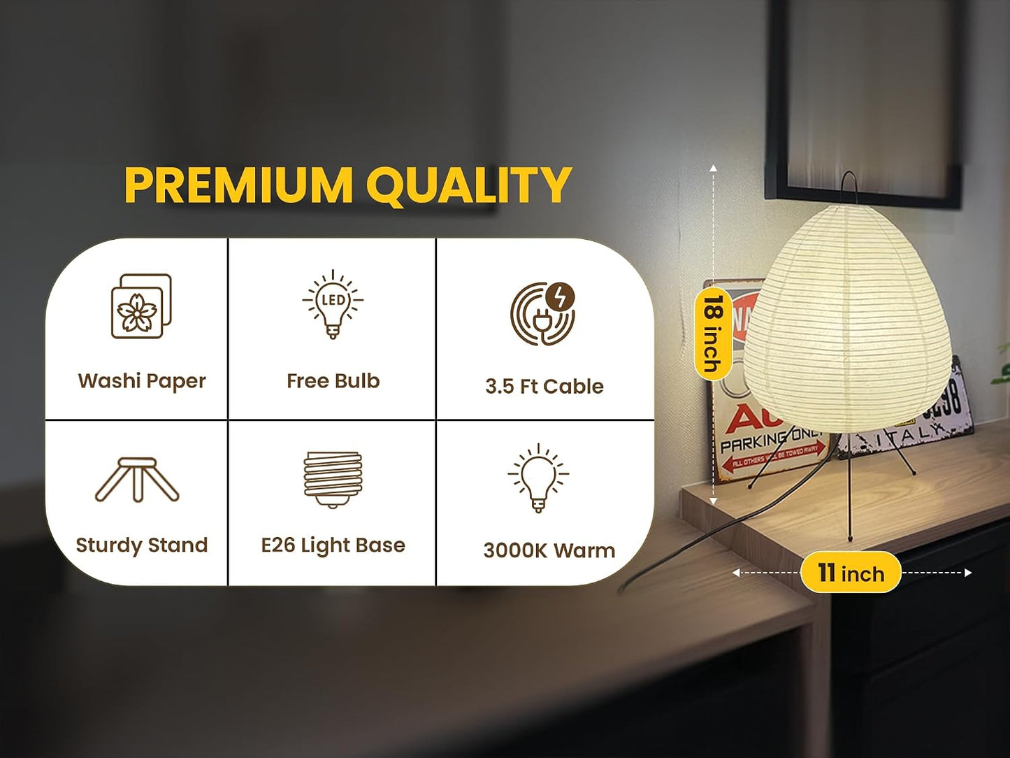 Japanese Paper Lantern Lamp – Rice Paper Noguchi Style Table Lamp with Dimmable Light & Washi Paper Shade (Akari Style) for Bedroom Desk Decor