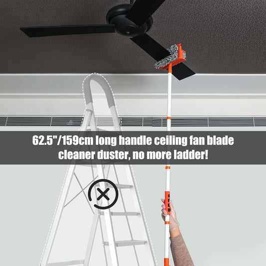 Qaestfy Ceiling Fan Cleaner Duster with 62.5‘’ Extendable Long Handle Ceiling Fan Blade Cleaning Tool, Reusable Chenille & Microfiber Mop Head for Dusting Ceiling Fan Baseboard Wall Floor