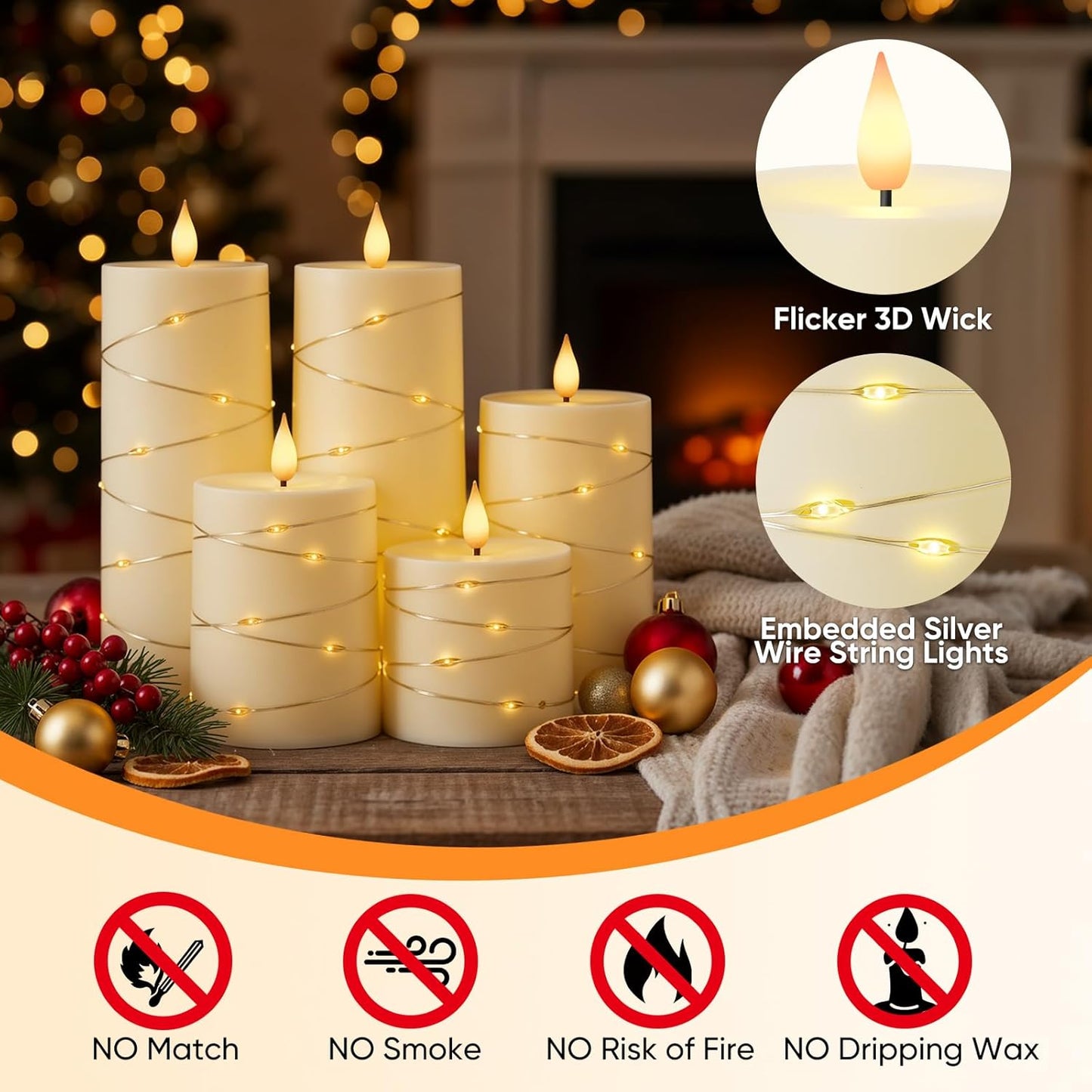Raycare Flameless Candles with Remote Timer, Flickering Battery Operated LED Pillar Fake Candle with String Lights for Home Decor, Christmas, Wedding and Gift, White, Set of 3