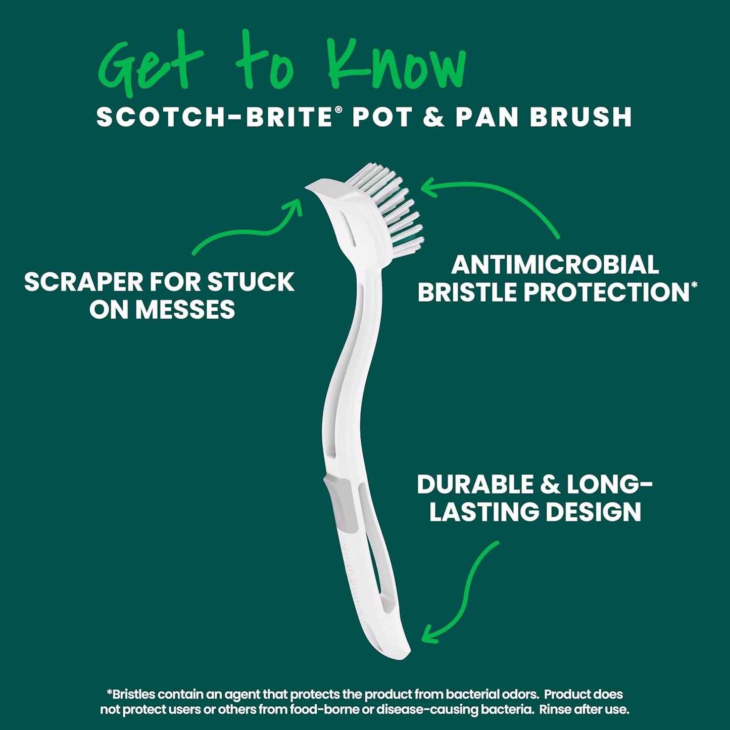 Scotch-Brite Small Utility Brush, Long Lasting Dish Brush with Handle for Scrubbing Cookware, Hands, Tile, Grout, Cutting Boards, and Utensils without Scratching, Antimicrobial, and Rinses Clean