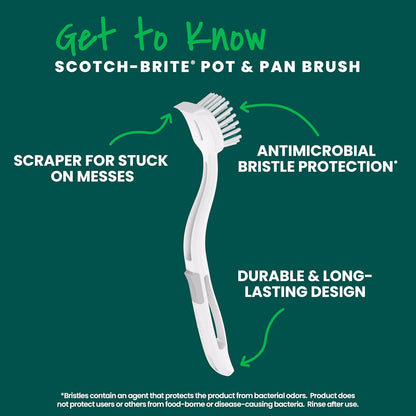 Scotch-Brite Small Utility Brush, Long Lasting Dish Brush with Handle for Scrubbing Cookware, Hands, Tile, Grout, Cutting Boards, and Utensils without Scratching, Antimicrobial, and Rinses Clean