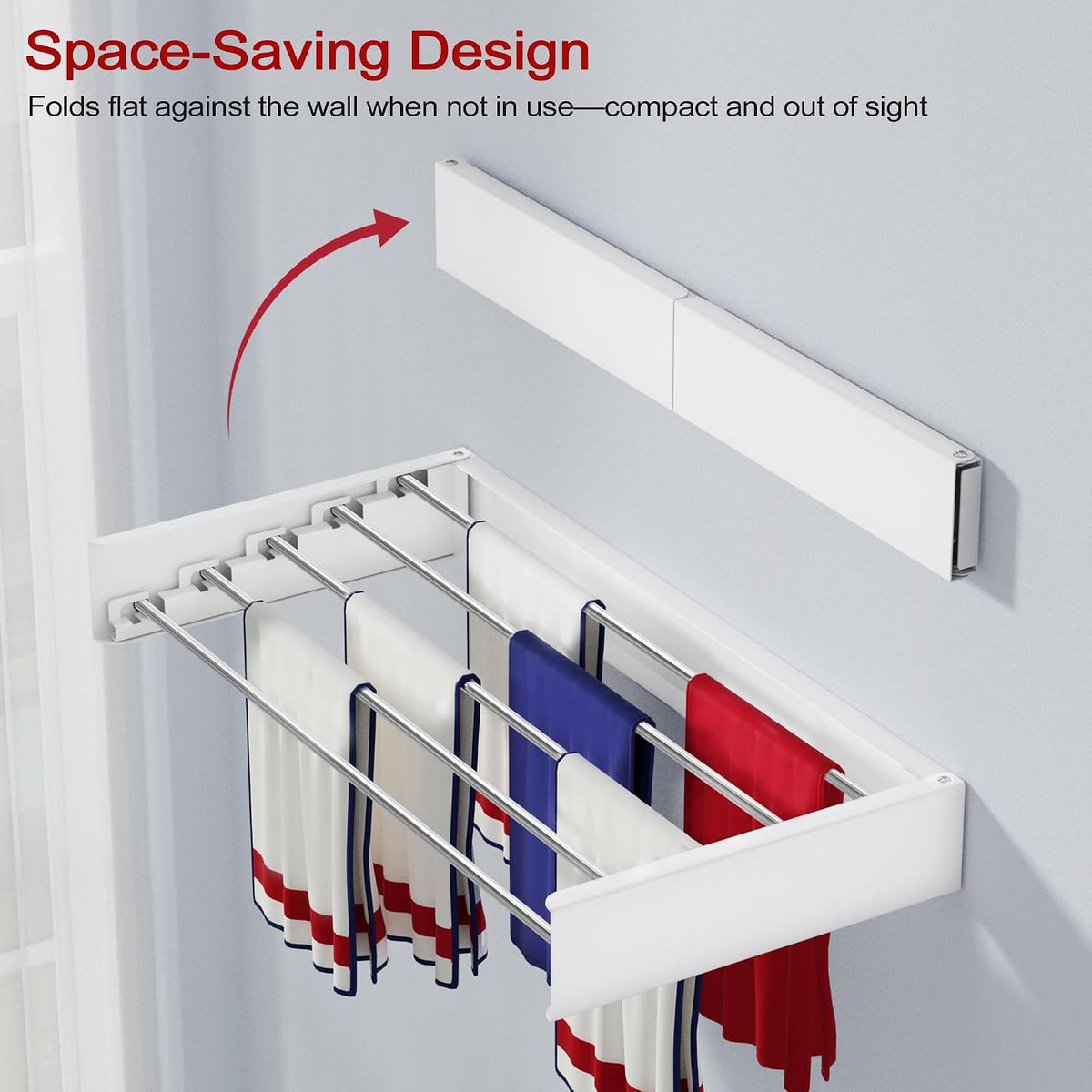 Wall Mounted Drying Rack 31.5", Foldable Laundry Drying Rack with Stainless Steel Rods, Retractable Laundry Space Saver for Indoor & Outdoor Use, Include Wall Template