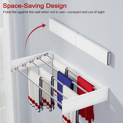 Wall Mounted Drying Rack 31.5", Foldable Laundry Drying Rack with Stainless Steel Rods, Retractable Laundry Space Saver for Indoor & Outdoor Use, Include Wall Template