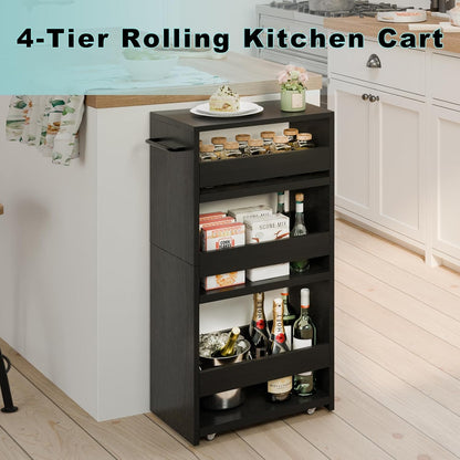 MARTY Slim Rolling Storage Cart 4-Tier Kitchen Cart with Wheels, Laundry Room Storage with Handle Slide Out Utility Cart Shelving Unit Organizer Trolley for Narrow Places Bathroom Small Corner, Black
