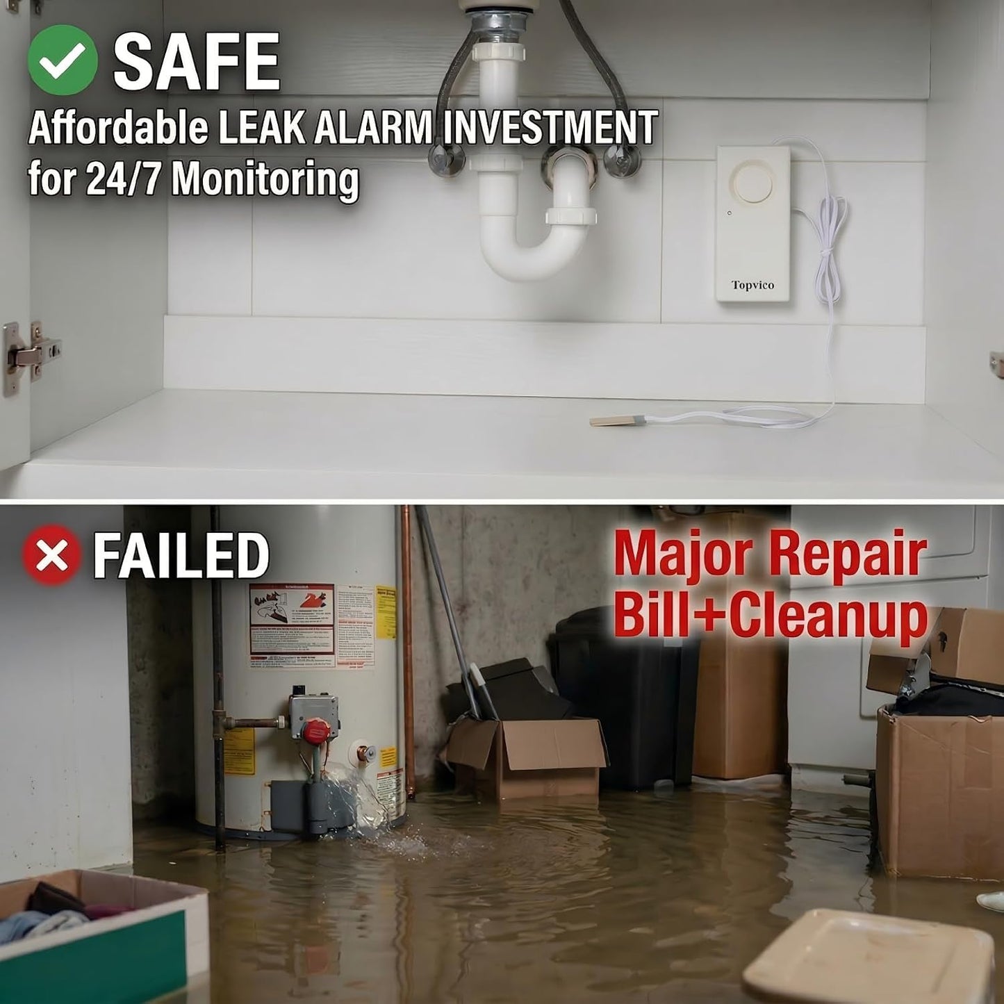 Water Leak Detector Alarm, 120dB Flood Alert for Home, Basement, Under Sink, Sump Pump, RV, Water Heater, Battery Operated Standalone Moisture Sensor, Bulk 10 Pack