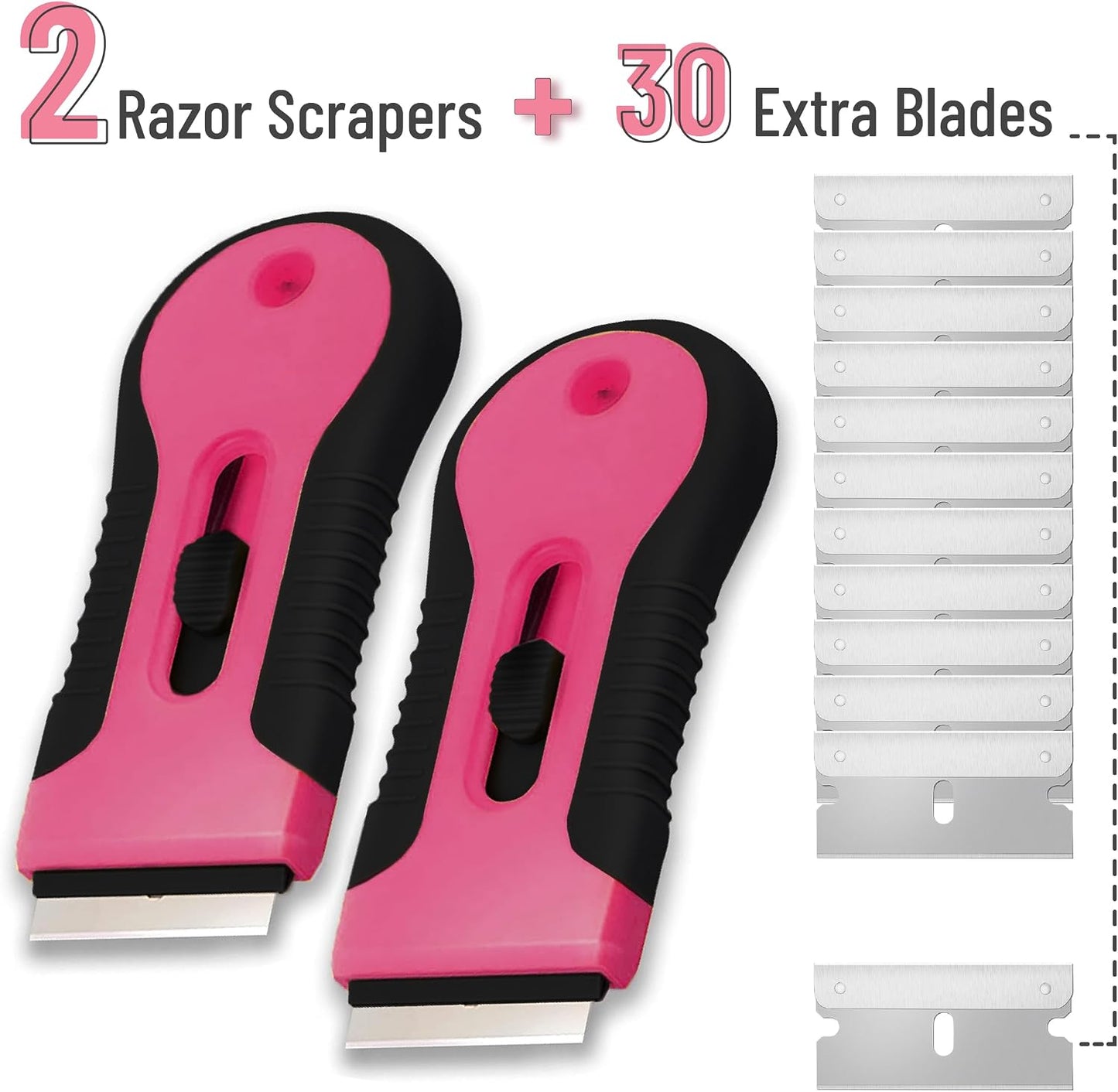Bates- Razor Blade Scraper Tool, 2 Pack, 30 Extra Stainless Steel Blades, Anti-Slip Ergonomic Handle Design, Razor Scraper Set for Cleaning Window, Paint, Oven, Glass, Stove
