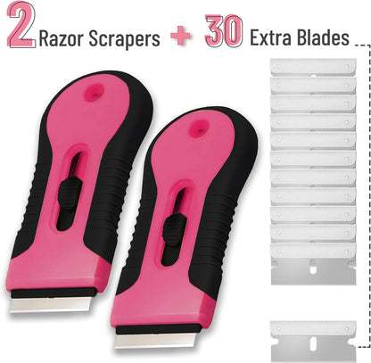 Bates- Razor Blade Scraper Tool, 2 Pack, 30 Extra Stainless Steel Blades, Anti-Slip Ergonomic Handle Design, Razor Scraper Set for Cleaning Window, Paint, Oven, Glass, Stove