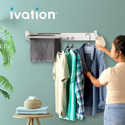 Ivation Retractable Wall Mounted Clothes Drying Rack, 40" Foldable Laundry Drying Rack for Clothing | Collapsible Space-Saving Design & 5 Rods | Easy Installation with Hardware & Wall Template (White)