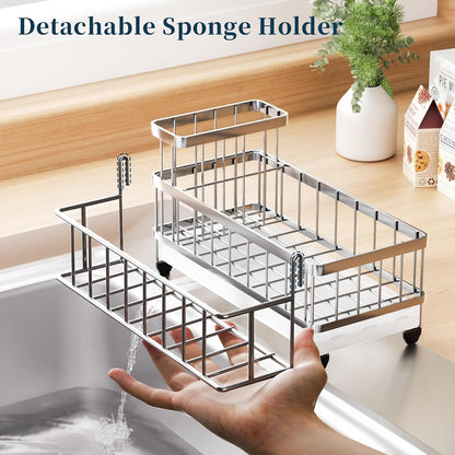 Consumest Sponge Holder for Kitchen Sink - Auto Draining Sink Caddy Organizer with Detachable Rack, High Brush Holder, Kitchen Countertop Storage Accessories, Black