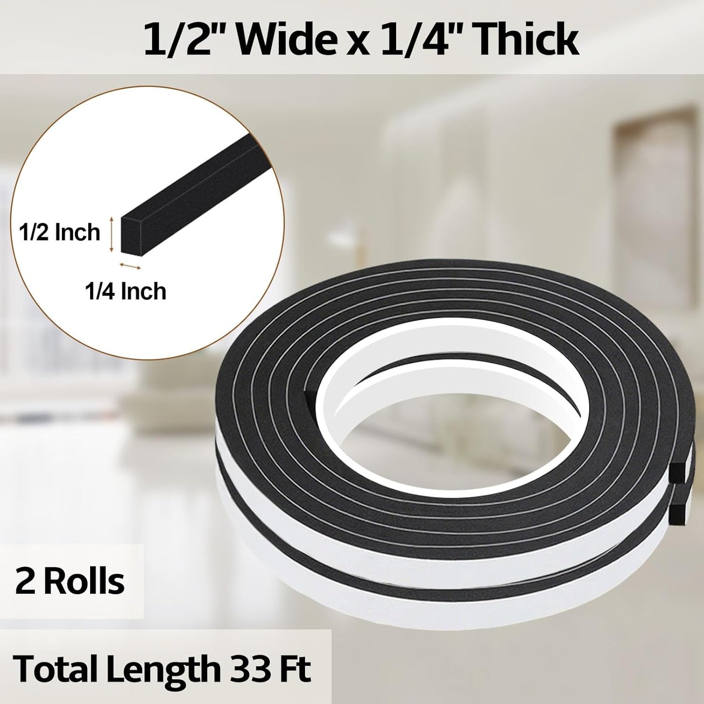 Foam Weather Stripping Door Seal,1 Inch W x 1/17 Inch T x 33 Feet White Window Sealing Tape，Single-Sided Self-Adhesive Insulation Sealing Strip