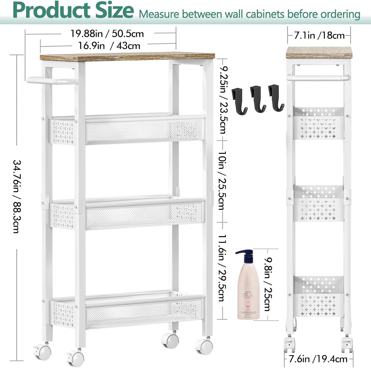 Vivihomety Utility Slim Storage Cart with Wheels, 4 Tier Small Rolling Cart with Wood Top, Metal Kitchen Bathroom Laundry Room Organization Trolley with Handle for Narrow Space – Black
