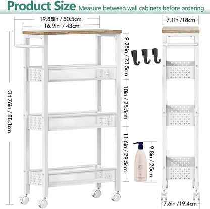 Vivihomety Utility Slim Storage Cart with Wheels, 4 Tier Small Rolling Cart with Wood Top, Metal Kitchen Bathroom Laundry Room Organization Trolley with Handle for Narrow Space – Black