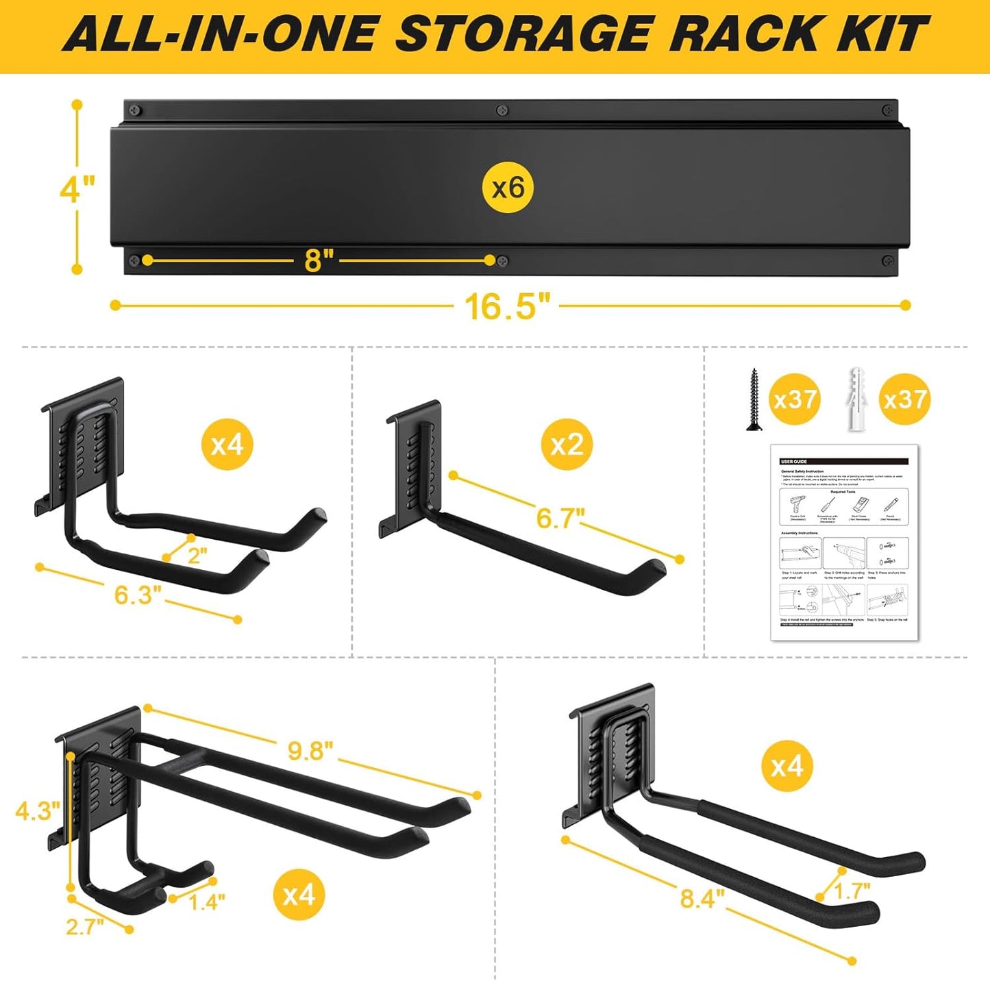 64 Inches Garage Storage, UUP Garage Organization Wall Mount Garden Tool Organizer, 620lbs Adjustable Metal Hooks, Yard Shed Rail Rack, Lawn Tool Holder for Hanging Rake Broom Mop Snowboard, Home Gift