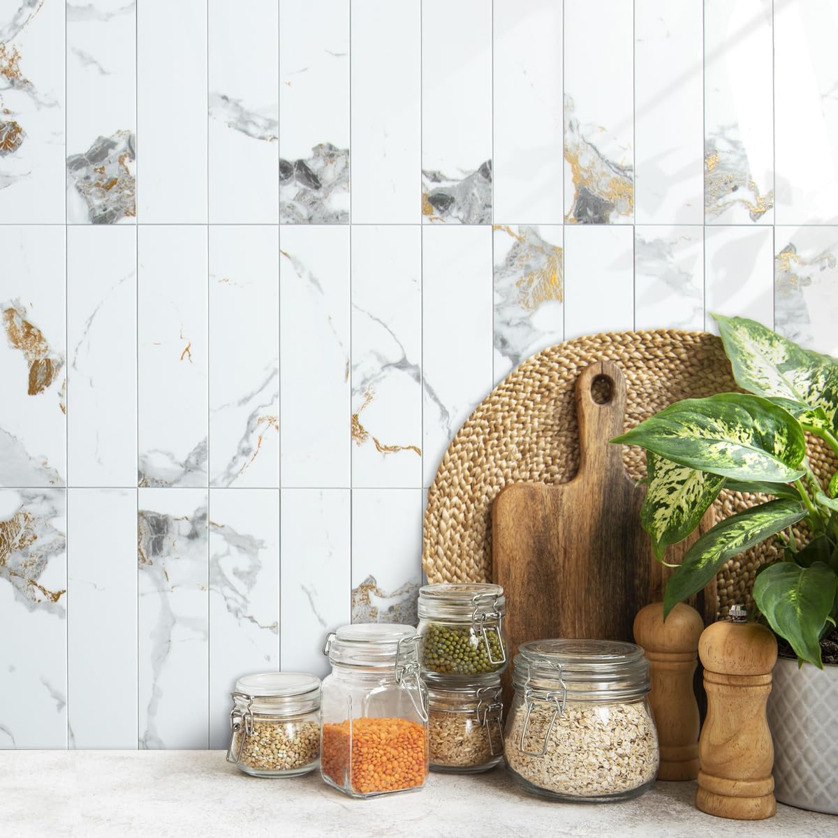 AULIGET 40-Piece Polished White Marble with Gold Peel and Stick Backsplash Wall Tiles, 3" x 12" PVC Faux Stone Stick on Tiles for Backsplash Kitchen, Bathroom, Laundry Room, Camper, Fireplace