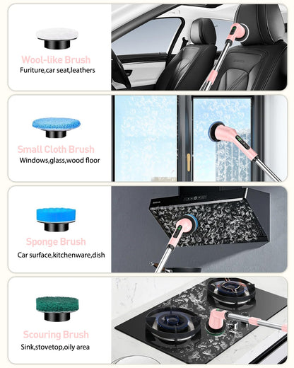 Shower Scrubber with Long Handle, Shower Cleaner Brush with 8 Floor Machine Pads, Cordless Electric Spin Scrubber for Cleaning with 2 Speed, Cleaning Supplies for Bathroom Bathtub Kitchen Floor Tile
