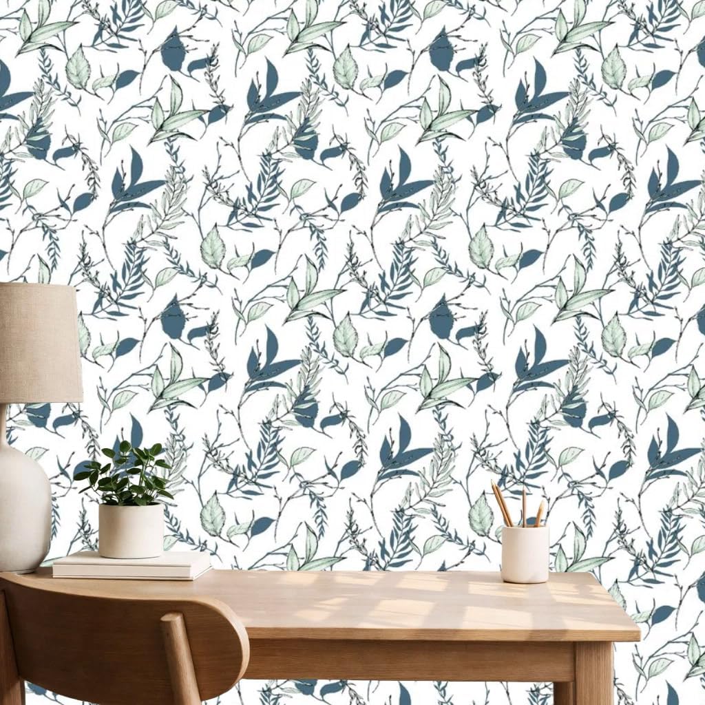 Sage Green and Blue Leaf Peel and Stick Wallpaper Modern Removable Self Adhesive Waterproof Renter Friendly Wall Covering for Bathroom and Accent Walls 17.7in x 88.5in