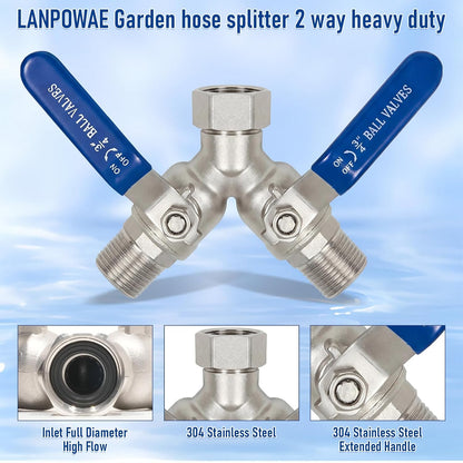 Garden Hose Splitter 2 Way, Heavy Duty Brass Y Valve Water Hose Splitter With Stainless Steel Long Handle Outdoor Full Flow Hose Splitter Connector,Y Valve 3/4 Inch GHT Thread