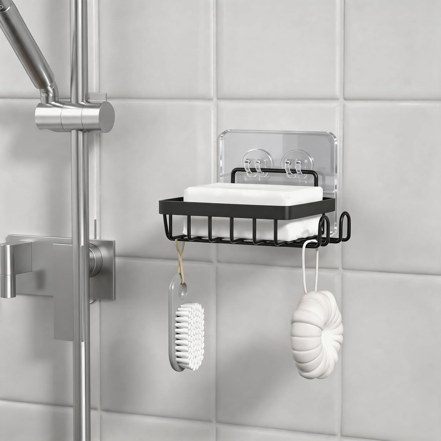 Adhesive Soap Bar Holder for Shower Wall, Self Draining Soap Dish Container Caddy Saver with 2 Hooks for Razor Loofah, Shampoo Sponge Tray Case Box for Bathroom Kitchen Sink, Black